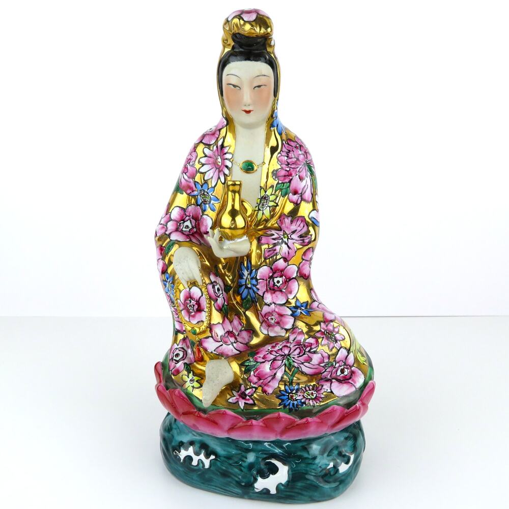 Vintage Chinese Porcelain Guanyin Statue TPC China Floral Kwan Yin Famille Rose